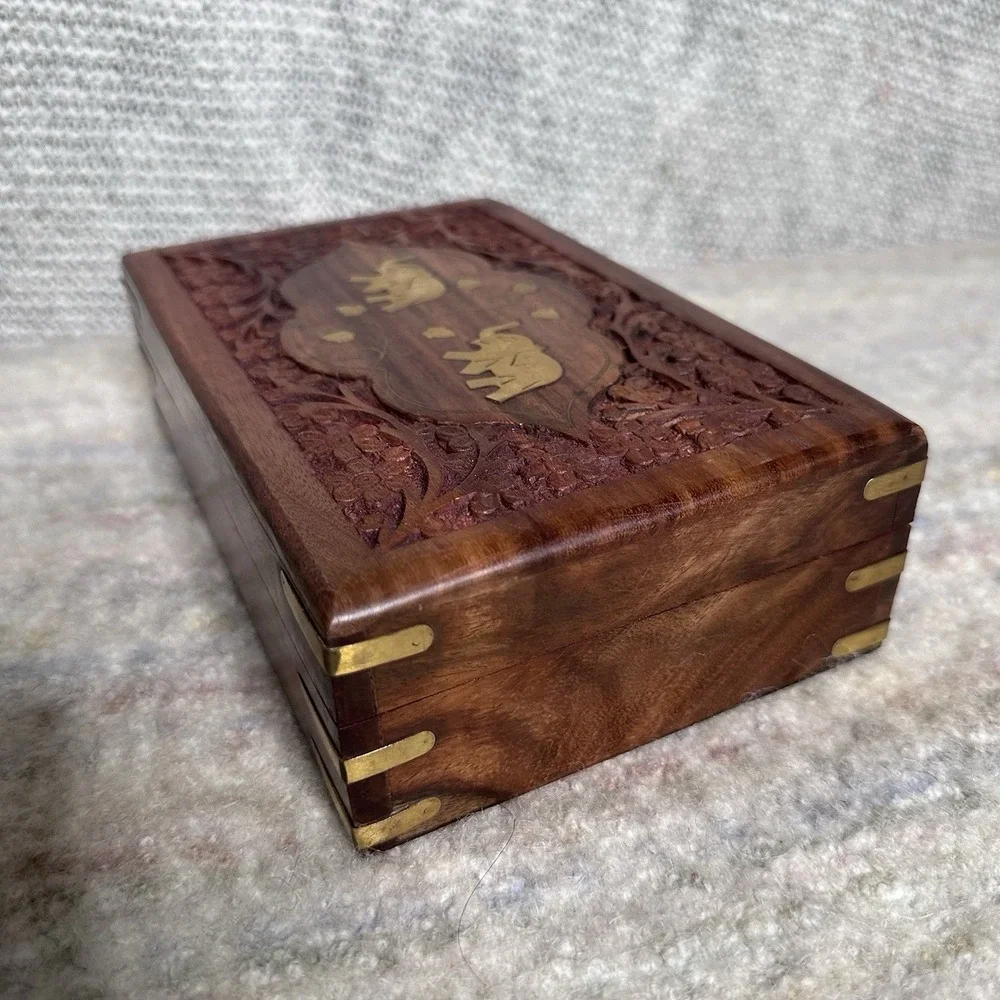 Hand‎ Engraved  Inlaid Brass Wooden Box Keepsake Jewelry Organizer &Storage